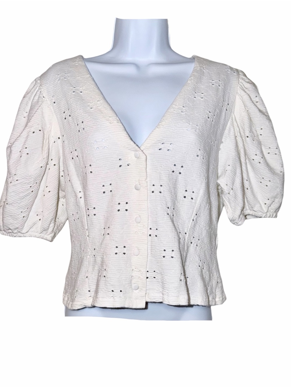 H&M Cream Eyelet Button-Front Puff Sleeve Blouse